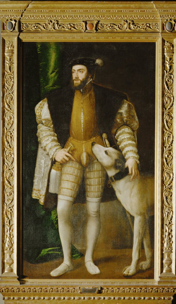 Kejsar Karl V och hunden ... (målning på duk) av Titian (c.1488 1576)