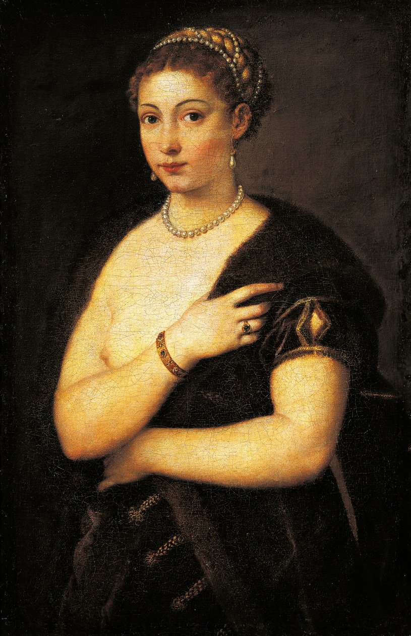 Msichana mwenye manyoya, na Titian (takriban 1490-1576), mafuta kwenye turubai 95x63 cmswed av Titian (c.1488 1576)