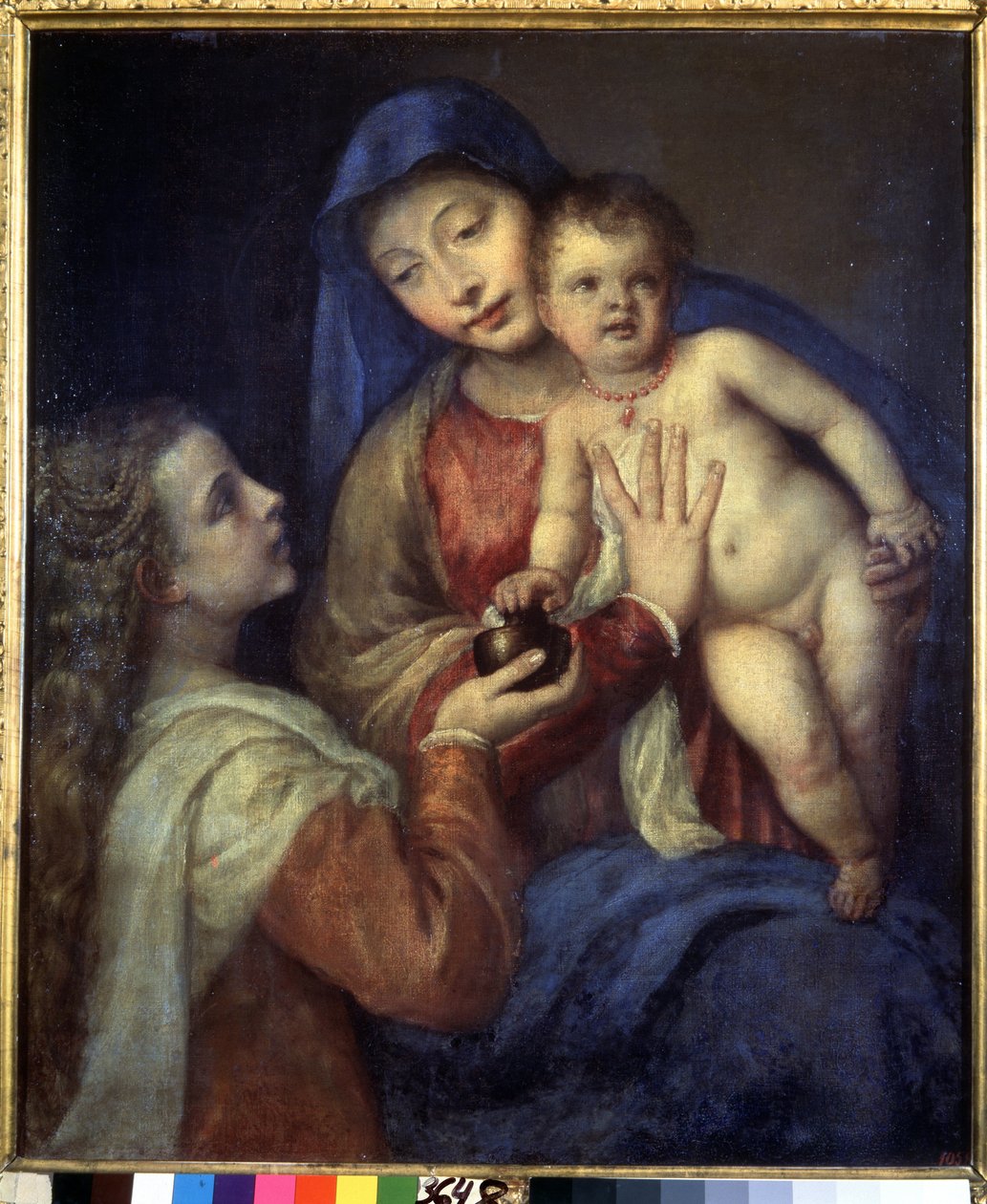 Madonna och barn med Maria Magdalena. Målning av Titian (Tiziano Vecellio eller Vecelli eller Tiziano da Cador av Titian (c.1488 1576)
