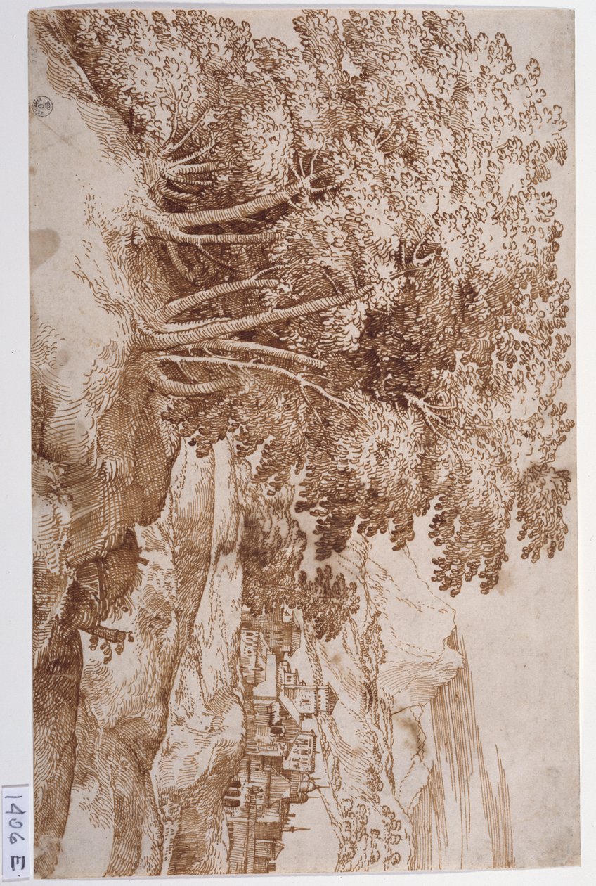 Landskap med träd till vänster och en stad i bakgrunden (penna  bläck på papper) av Titian (c.1488 1576)