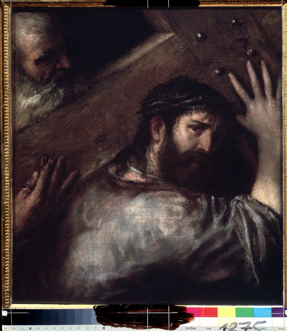 Kristus bär korset (Le portement de croix) (Kristus bär korset). Målning av Titian eller Le Titian (Tiziano Vecellio eller Vecelli, eller Tiziano da Cador av Titian (c.1488 1576)