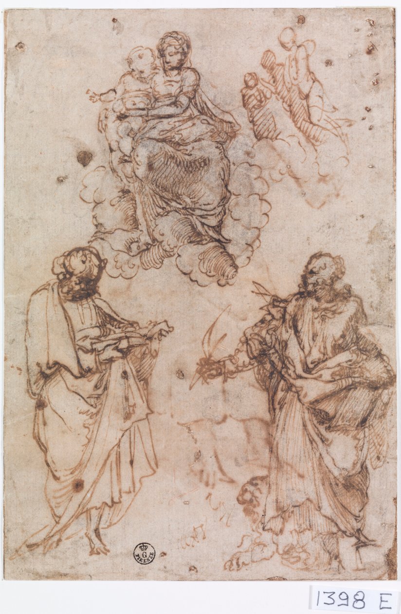 Madonna och barn sittande på moln med helgon eller apostlar (penna och bläck på papper) av Titian (c.1488 1576)