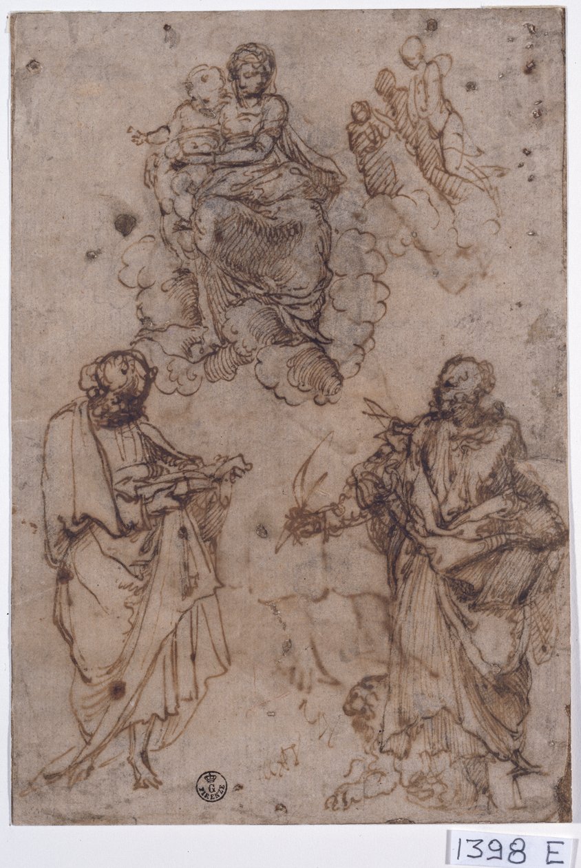 Madonna och barn sittande på moln med helgon eller apostlar (penna och bläck på papper) av Titian (c.1488 1576)