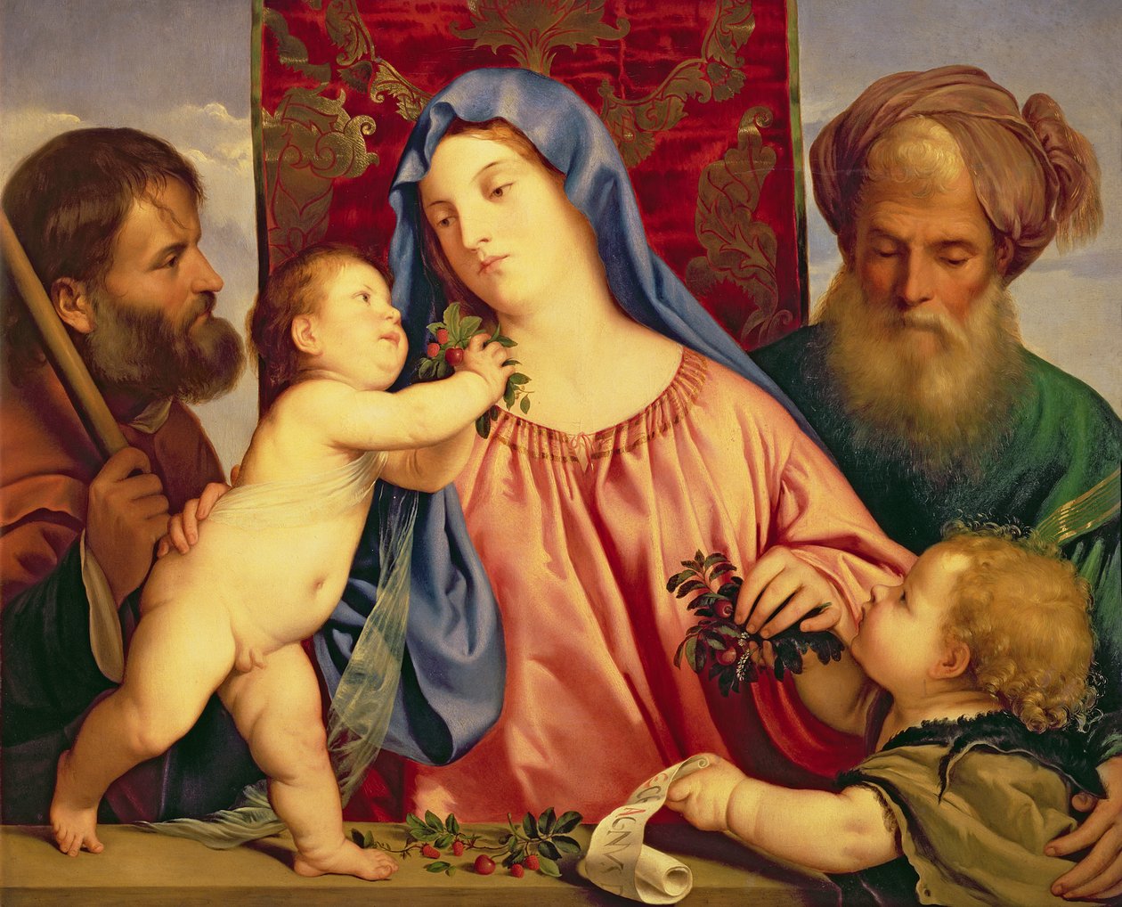 Madonna av körsbär med Josef, St. Zacharias och Johannes Döparen (panel) av Tiziano Vecelli