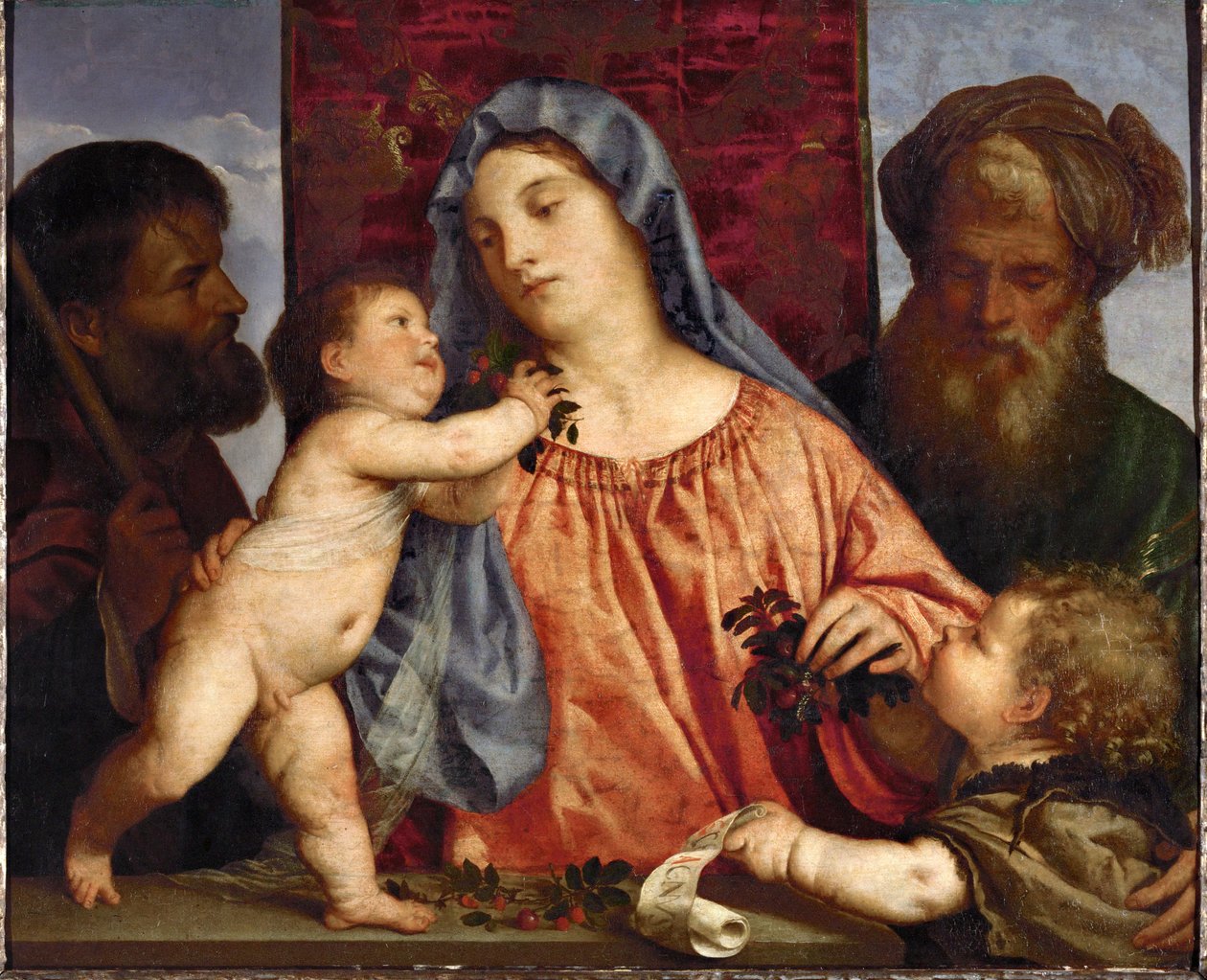 Madonna med körsbär ... (olja på duk) av Titian (c.1488 1576)