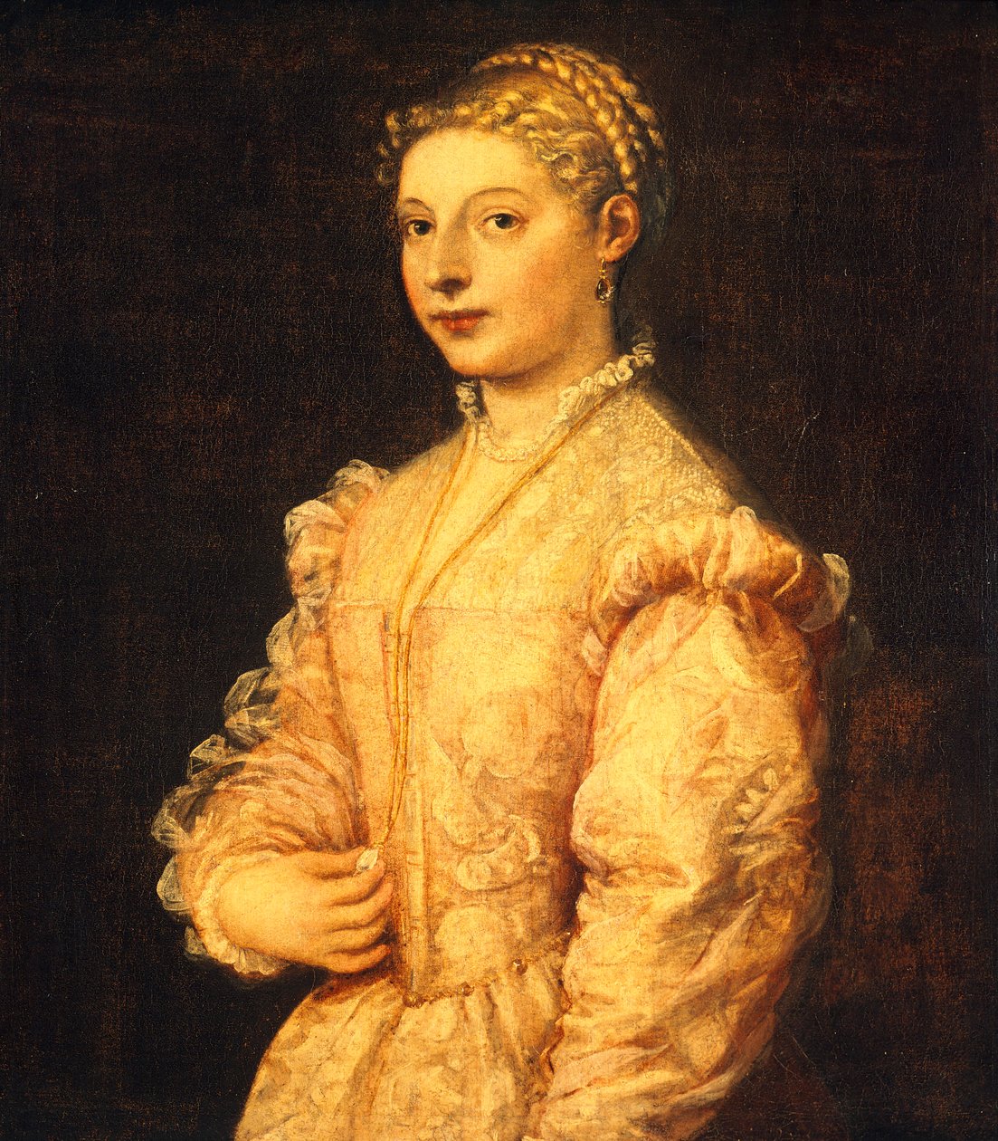Porträtt av Lavinia Vecellio eller ung kvinna, av Titian (ca 1490-1576), olja på duk, 84x73 cm av Titian (c.1488 1576)