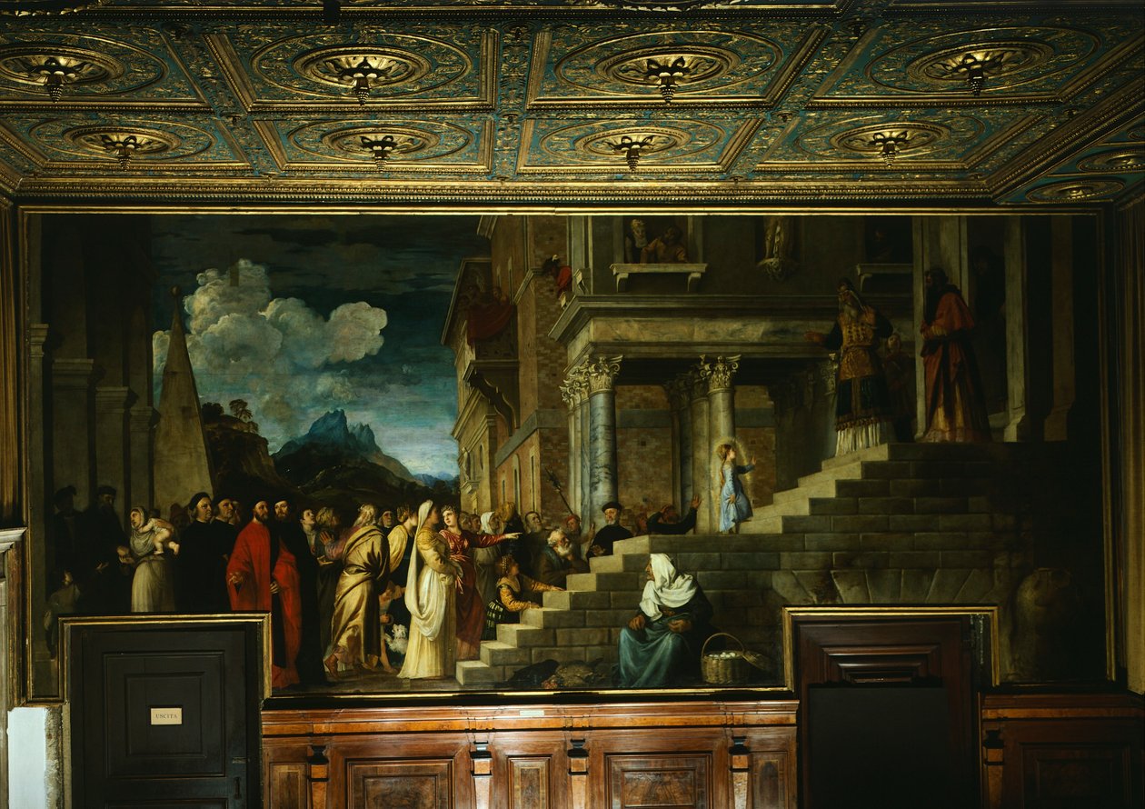 Presentation av Maria vid templet, av Titian (ca 1490-1576), olja på duk, 345x775 cm av Titian (c.1488 1576)