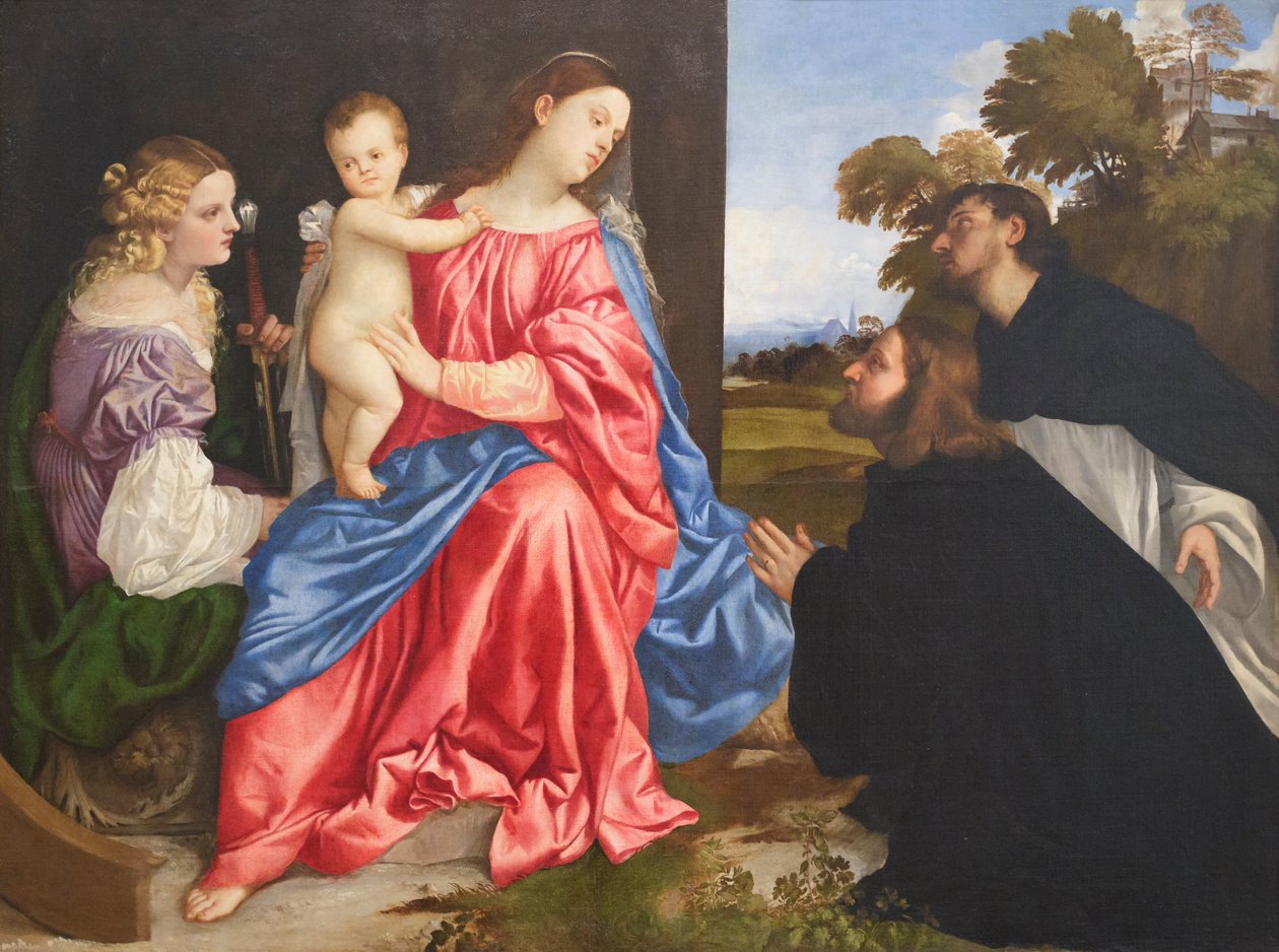 Heligt samtal, med de heliga Catherine och Dominic och donatorn, ca 1533 (olja på duk) av Titian (c.1488 1576)