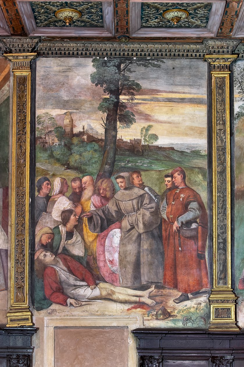 St Anthony fäster foten på en ung man, School of the Saint (fresk) av Titian (c.1488 1576)