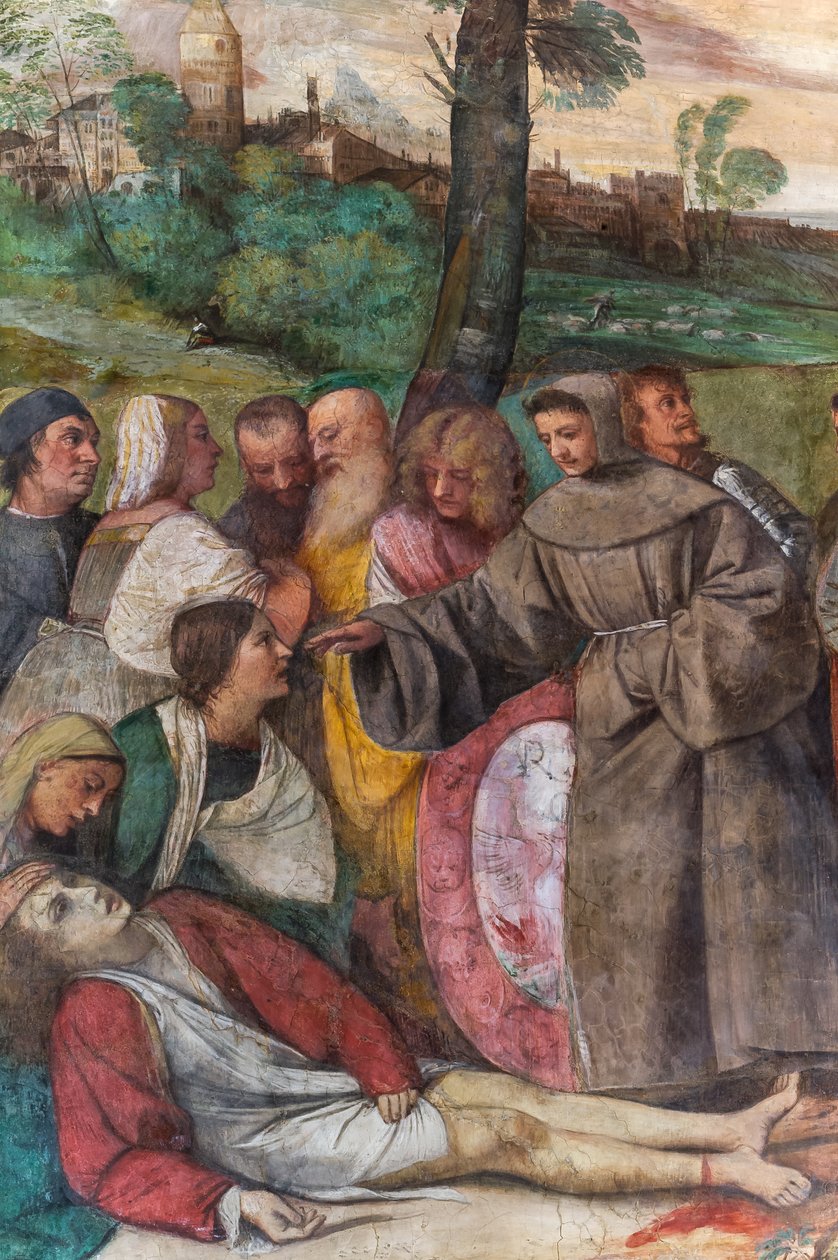 St Anthony fäster foten på en ung man, School of the Saint, detalj av 2197268 (fresk) av Titian (c.1488 1576)