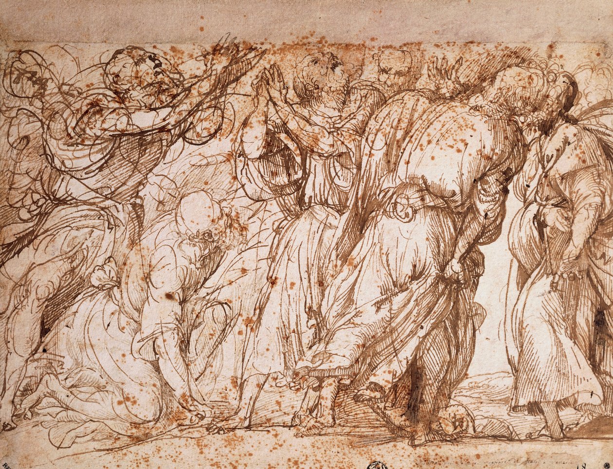 Utafiti wa kikundi cha Mitume katika Kanisa la Kupalizwa kwa Frari huko Venice, Tiziano Vecellio (takriban 1490-1576), kalamu na wino iliyochorwa. av Titian (c.1488 1576)