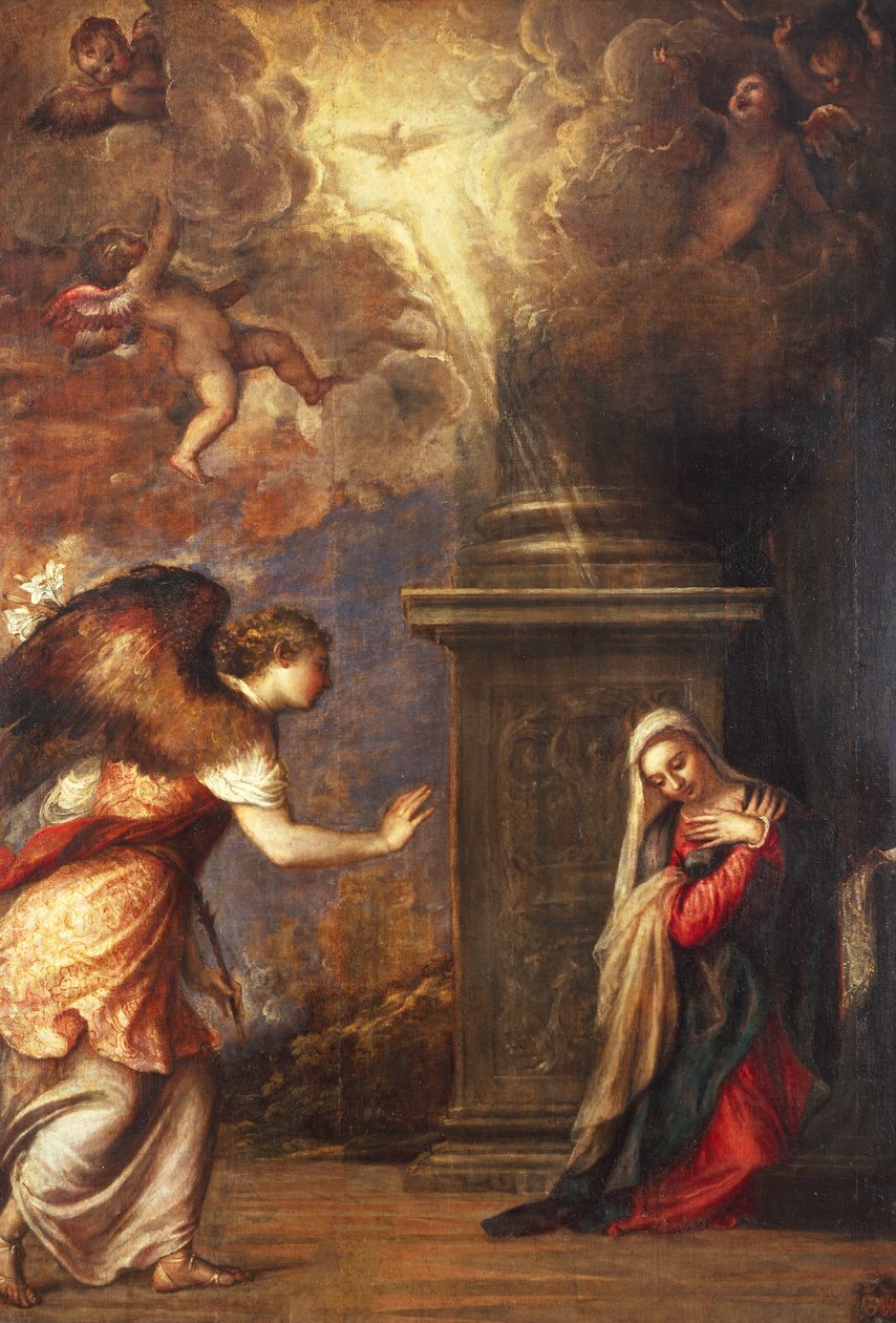 Bebådelsen, av Titian (ca 1490-1576), från kyrkan San Domenico Maggiore i Neapel, olja på duk, 280x210 cm av Titian (c.1488 1576)