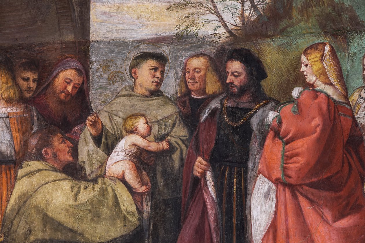 The Baby proklamerar moderns oskuld, den norra muren, School of the Saint, detalj av 2195188 och 2195385 av Titian (c.1488 1576)