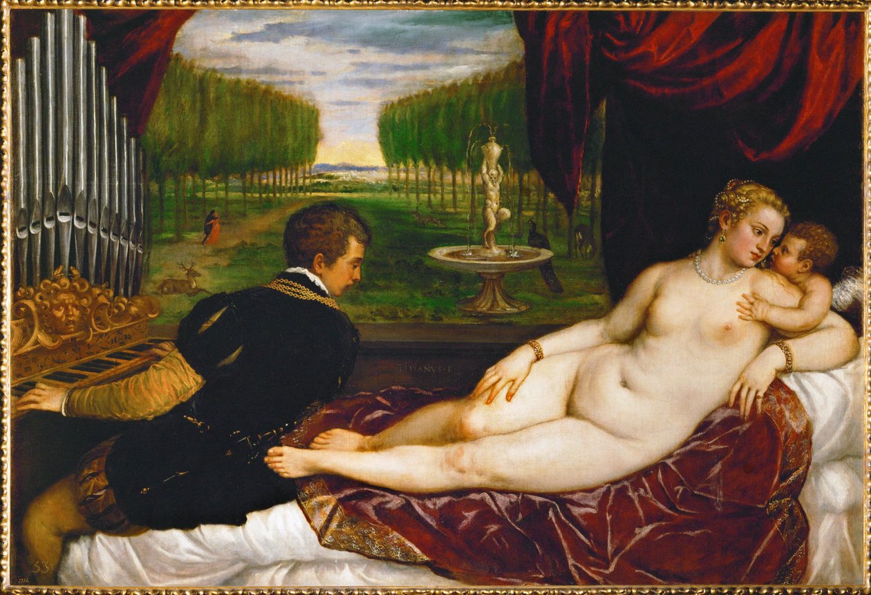 Venus, Amor och en organist ... (målning på duk) av Titian (c.1488 1576)