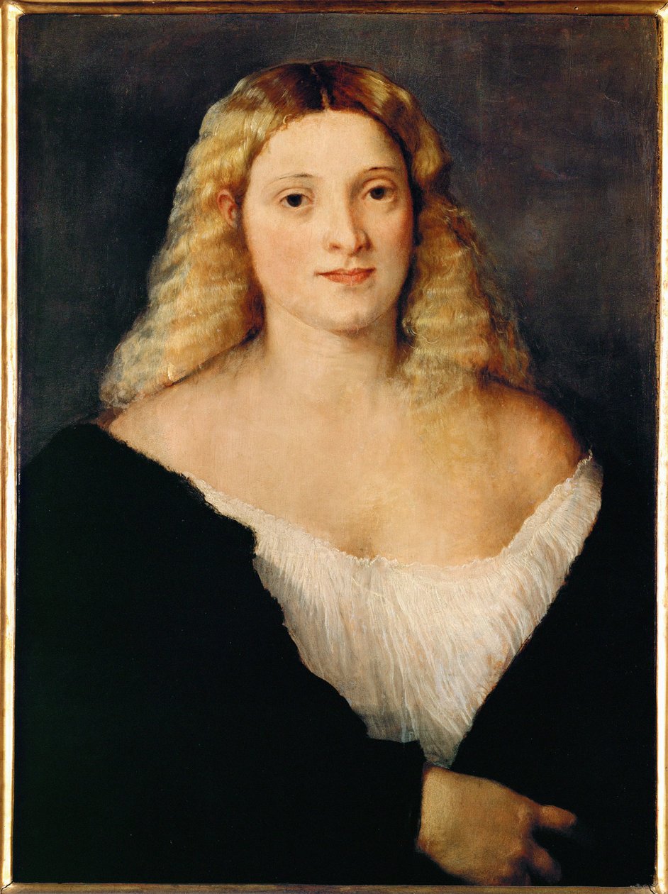 Ung kvinna i svart klänning... av Titian (c.1488 1576)