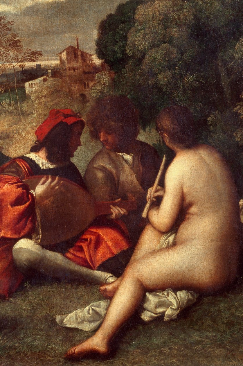 Bandkonserten Musiker på gräs, kvinnor är nakna. Detalj. Målning tillskriven Tiziano Vecellio dit le Titian (1485-1576) eller Giorgio da Castelfranco dit Giorgione (1476/1478-1510) Sön. 1,05 X 1,36 m Paris, Louvren av Titian (c.1488 1576) (attr. to)