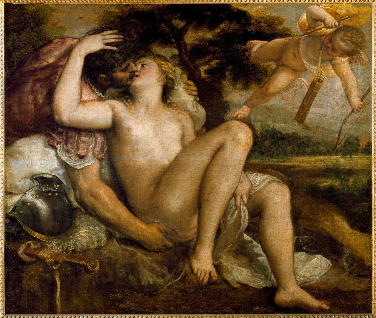 Venus, Mars och Amour (olja på duk av Titian (c.1488 1576) (workshop)
