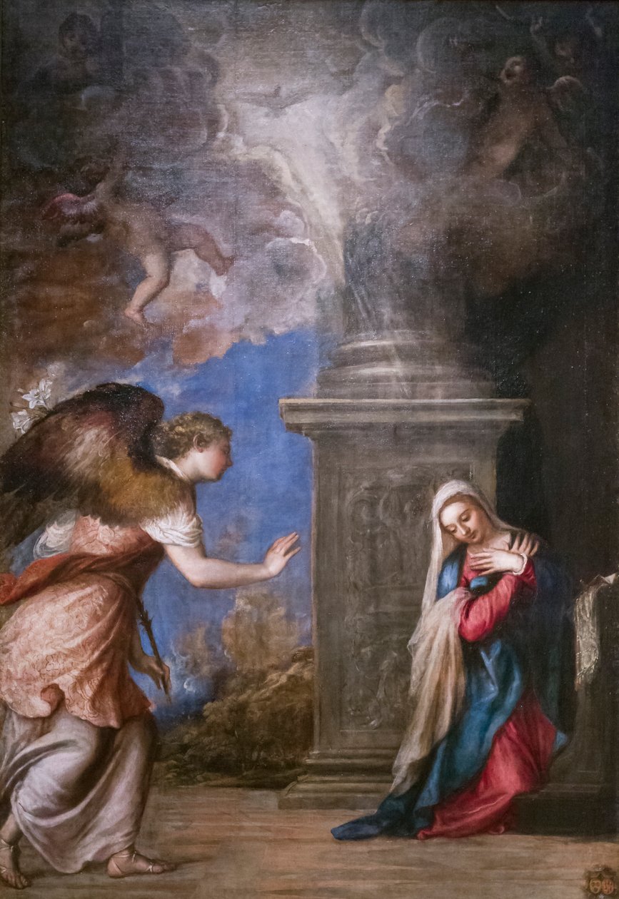 Annunciation, Tiziano Vecellio (olja på duk) av Titian (c.1488 1576)