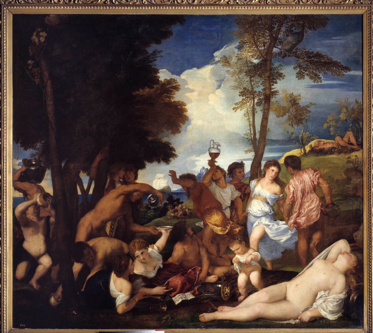Ankomst av Bacchus på ön Andros (Bacchanal of the Andrii). Ankomst från Bacchus på Andros Island. Bild som föreställer festen av satirer och bacchanter till ära av den gudomlige Bacchus (Baccanal). Målning av Tiziano Vecellio kallad Tizianen (1485-1576), v av Tiziano Vecelli