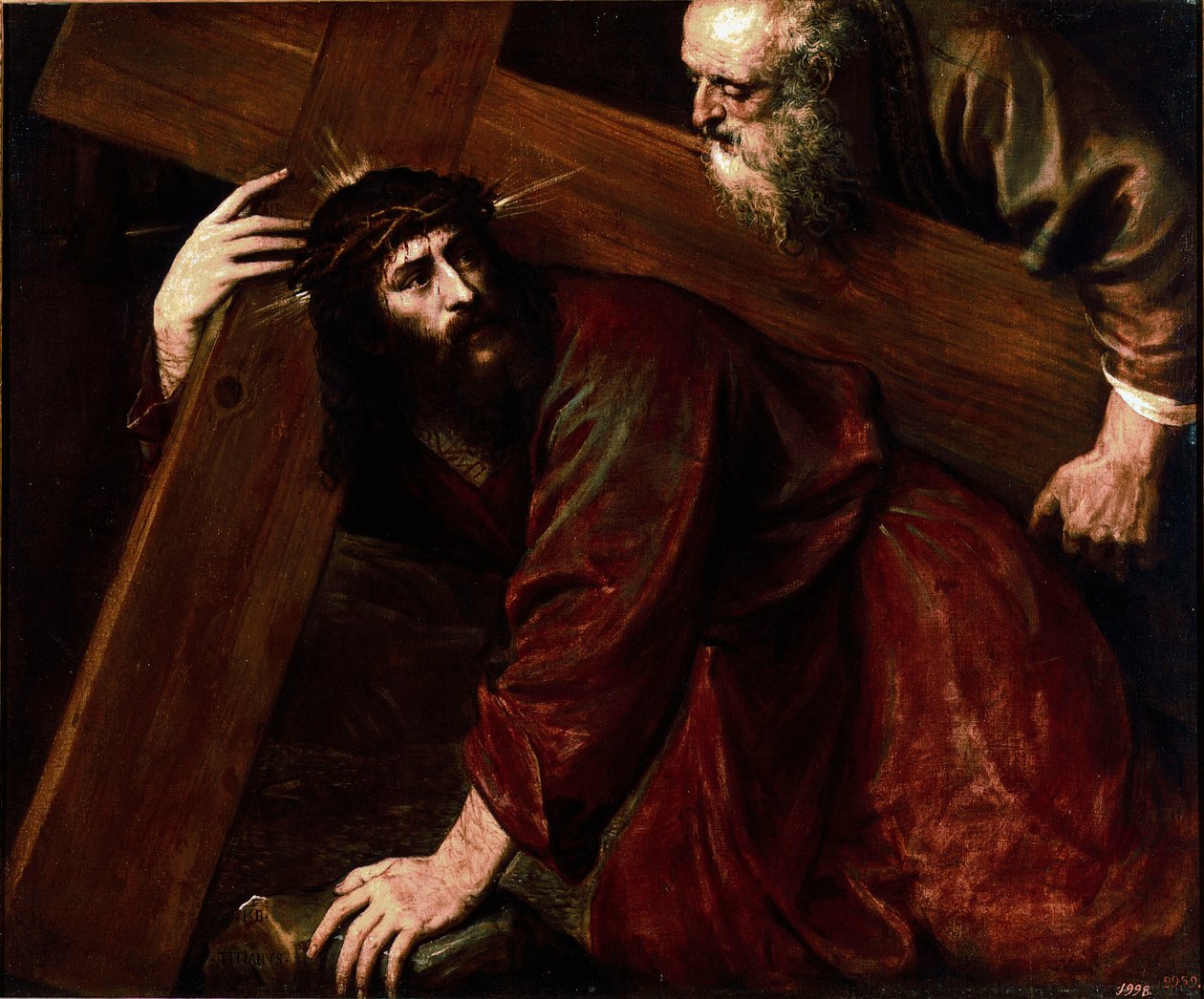 Kristus och Simon den cyreneer Simon från Cyrene (den cyreneer) hjälper Jesus att bära sitt kors. Målning av Tiziano Vecellio kallad Tizianen (1485-1576) av Tiziano Vecelli