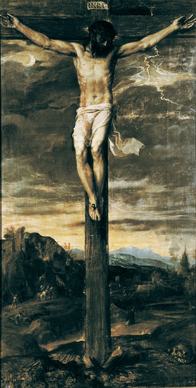 "Korsfäste Kristus". Inskriptionen ""INRI"" på korset av Titian (c.1488 1576)
