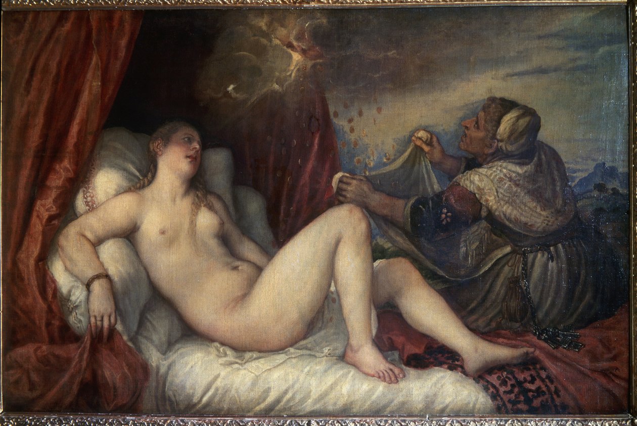 Danae. Grekisk mytologi: Zeus presenterar sig för Danae i form av en dusch av guldmynt för att förföra henne. Målning av (iziano Vecellio sa Titian (Vecelli eller Tiziano da Cador av Tiziano Vecelli
