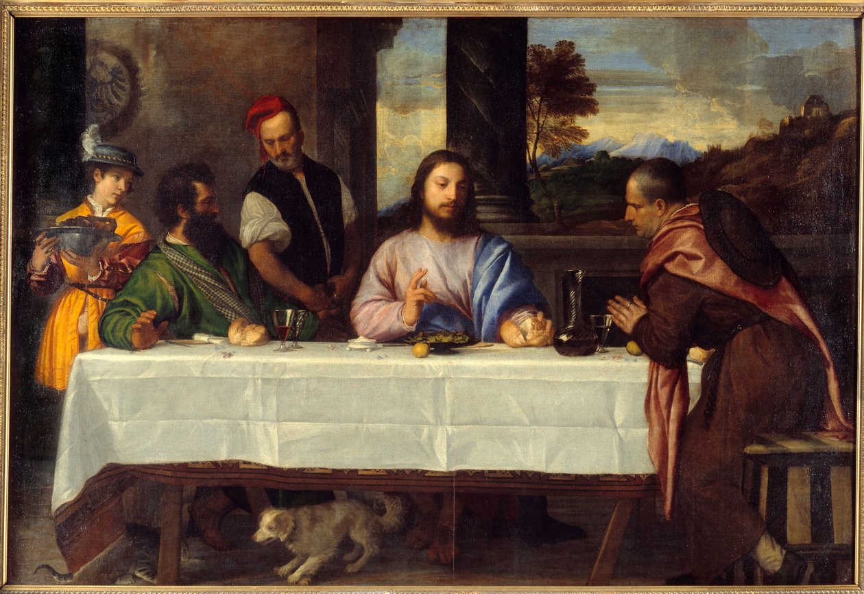 Middag på Emmaus Möt Jesus med peleriner. Målning av Tiziano Vecellio dit le Titian (1485-1576) 1500-talet sön. 1,69x2,44 m av Titian (c.1488 1576)