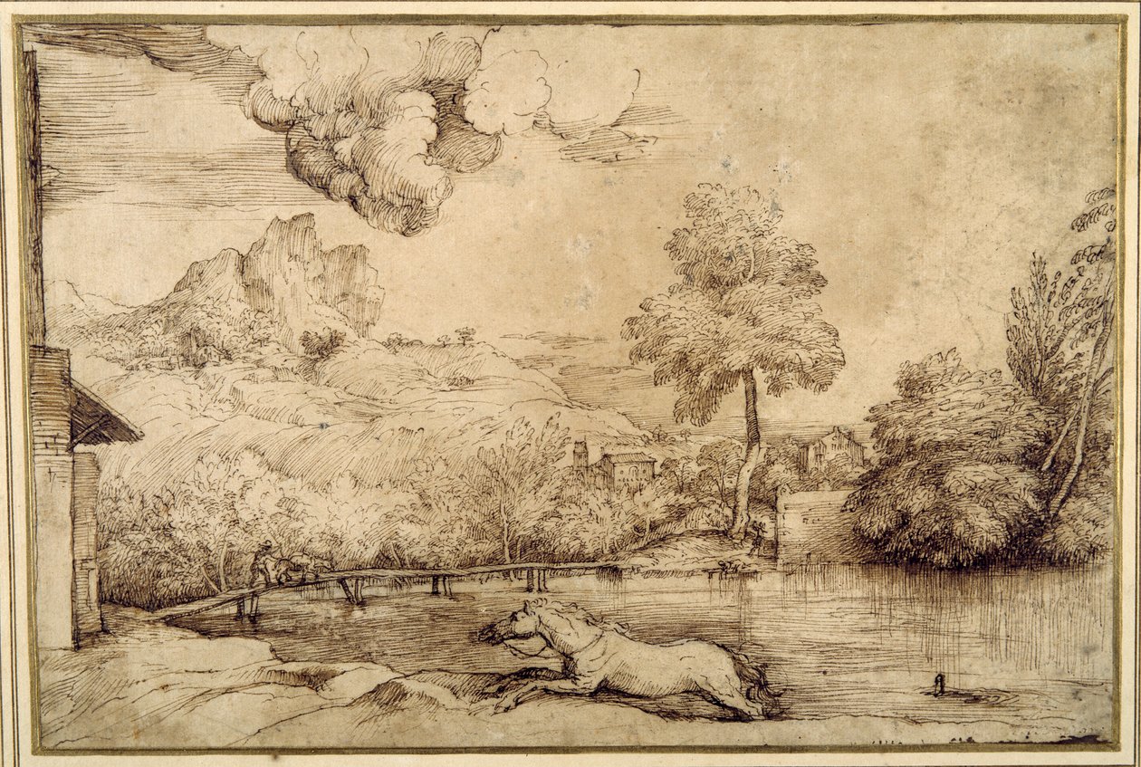 Landskap: en ryttarelös häst förföljd av en orm (penna & brunt bläck på krämfärgat papper) av Titian (c.1488 1576)
