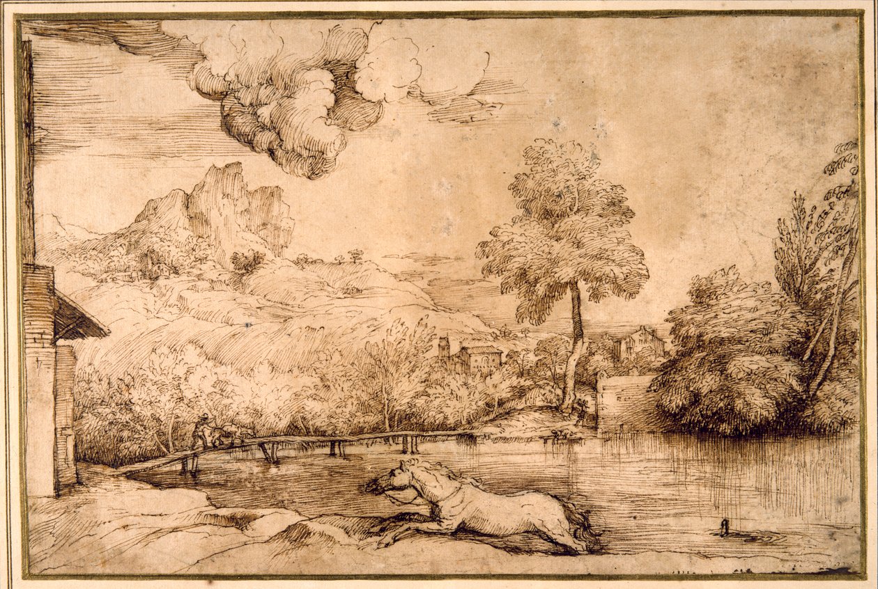 Landskap: en ryttarelös häst förföljd av en orm (penna & brunt bläck på krämpapper) av Titian (c.1488 1576)