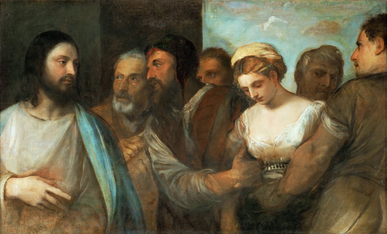 Le Christ et la femme adultere - Kristus och kvinnan tagen i äktenskapsbrott, av Titian (1488-1576). Olja på duk, ca. 1520. Mått : 82,5x136,5 cm. Konsthistoriska museet, Vienne av Tiziano Vecelli