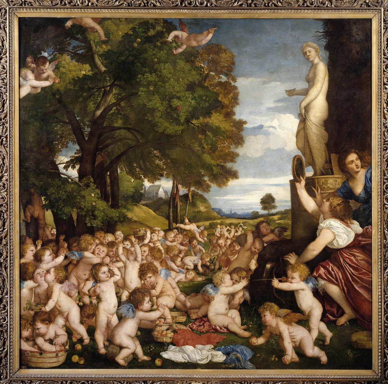 Offrande a Venus Små amours (angelots) samlas för att hylla gudinnan Afrodite - Målning av Tiziano Vecellio kallad Titian (1485-1576) 1518 Sun. 1,72 X 1,75 m Madrid musee du Prado - Tillbedjan av Venus - Målning av Tiziano Vecellio kallad Tit av Tiziano Vecelli