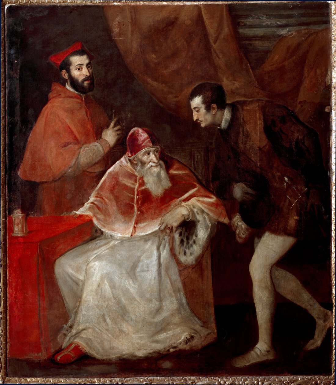 Påven Paul III och hans barnbarn (Alessandro och Ottavio Farnese) av Tiziano Vecelli