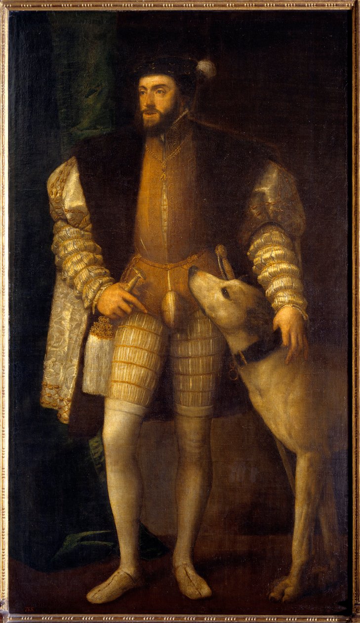Porträtt av kejsar Karl V (1500 - 1558) vid 35 års ålder med sin hund Sampere. Titian Vecellio av Le Titian (1485-1576) av Tiziano Vecelli