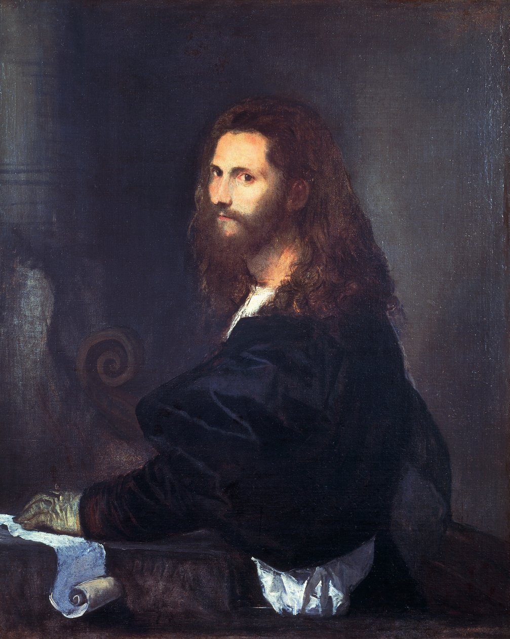 Porträtt av en musiker, av Tiziano Vecellio (1490-1576), olja på duk, 82x99 cm. av Titian (c.1488 1576)