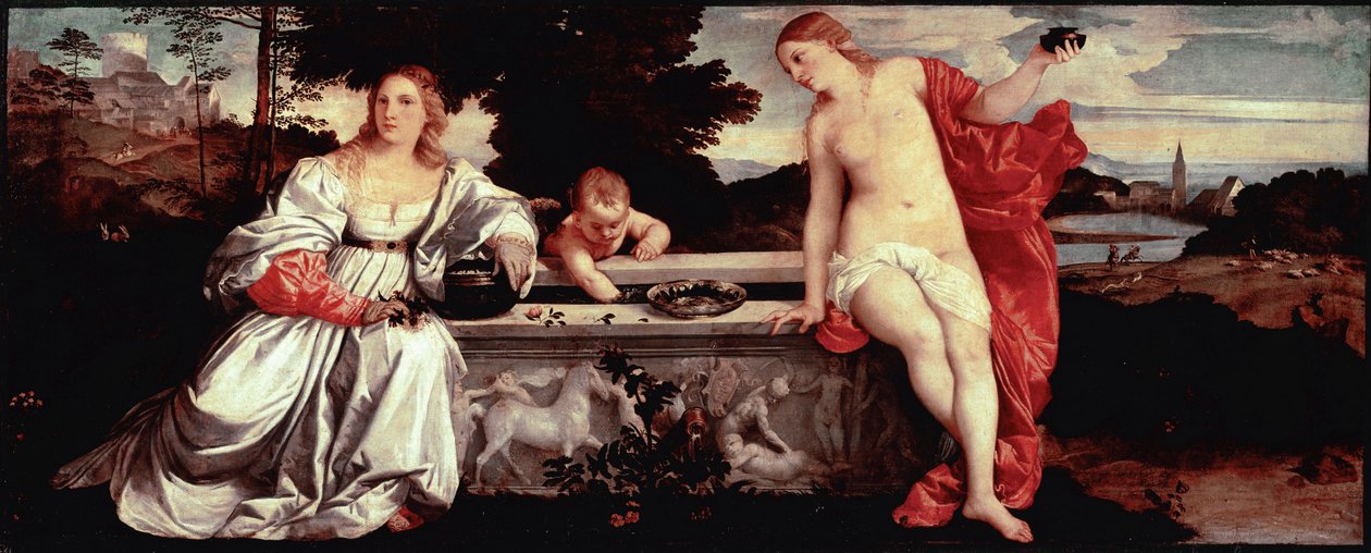 Helig kärlek och världslig kärlek Målning av Tiziano Vecellio kallad Titian (1490-1576) 1515 ca. Sol. 118x279 cm Rom, Galleria Borghese - Helig och profan kärlek - Målning av Tiziano Vecellio, kallad Titian (c.1488-1576), olja på duk, ca. 1515 (118x279 av Tiziano Vecelli