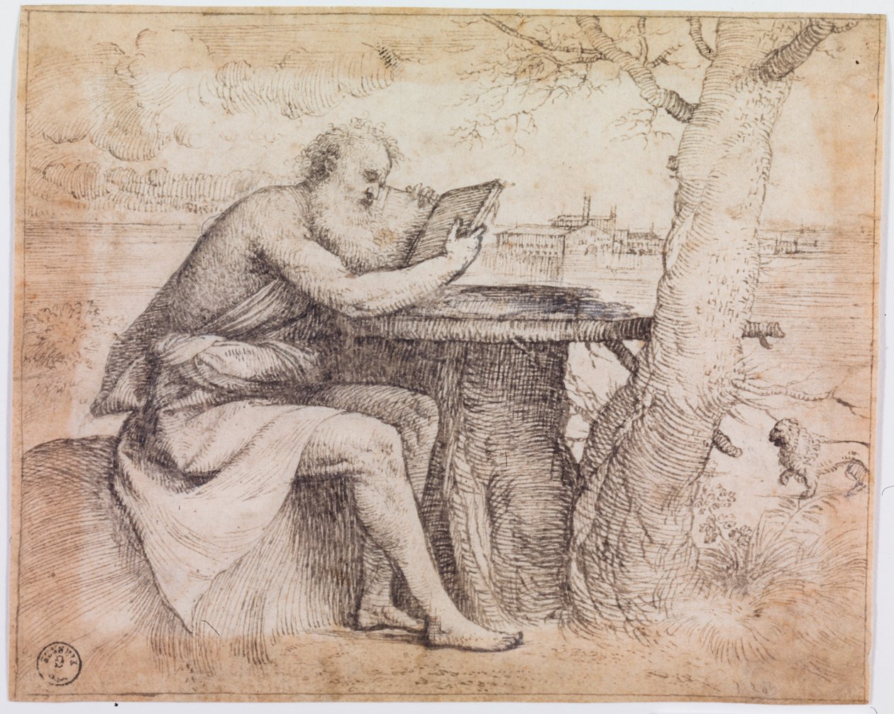Saint Jerome in a Landscape (penna och bläck på papper) av Titian (c.1488 1576)
