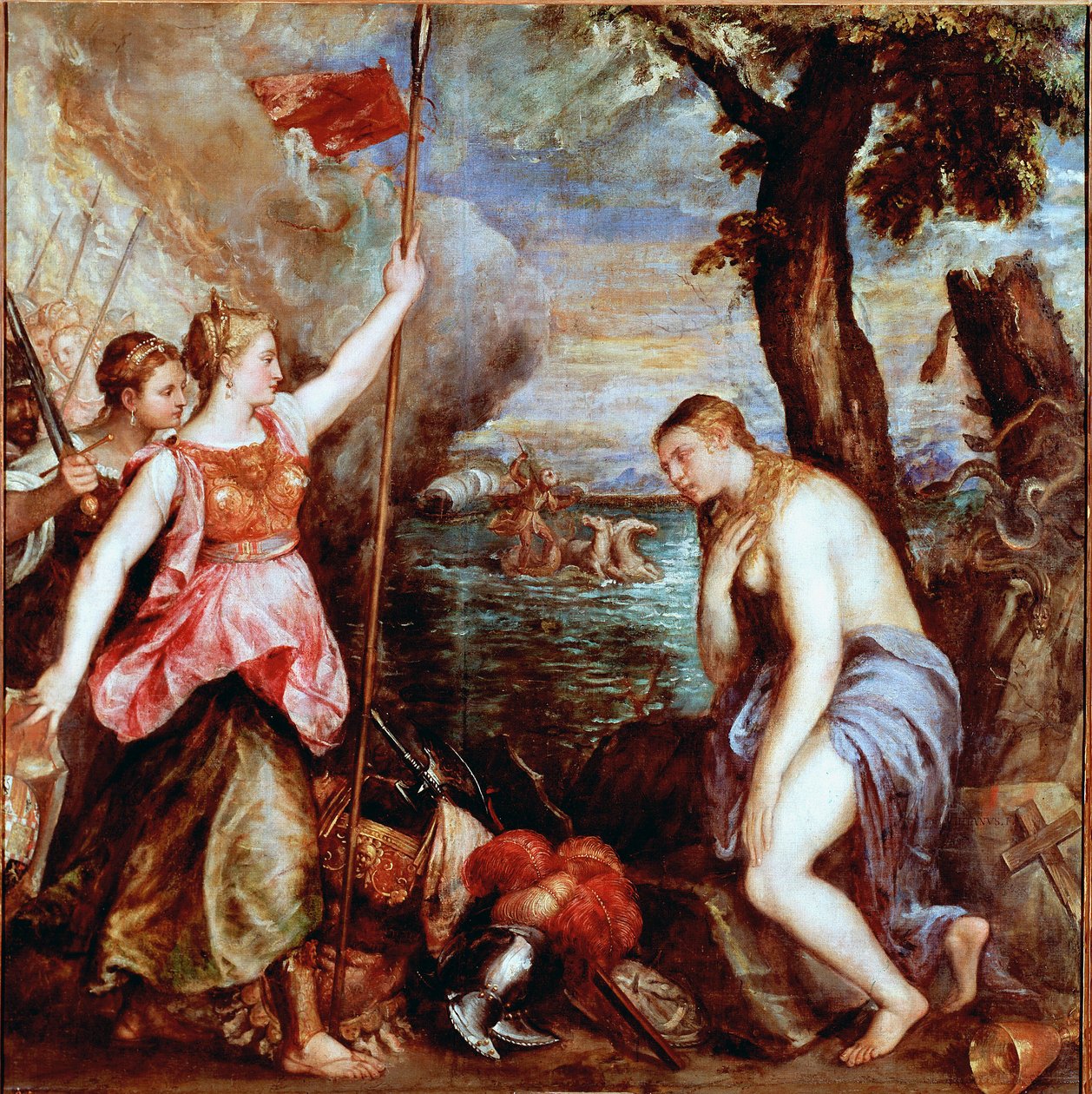 Spanien till hjälp av religionen: allegori om segern för påven Pius V:s (inklusive Spaniens) trupper över det osmanska rikets flotta i sjöslaget vid Lepante 1571. En kvinna som dömdes (religion) räddas av en krigare som representerar Spanien. Målning av Tiziano Vecelli