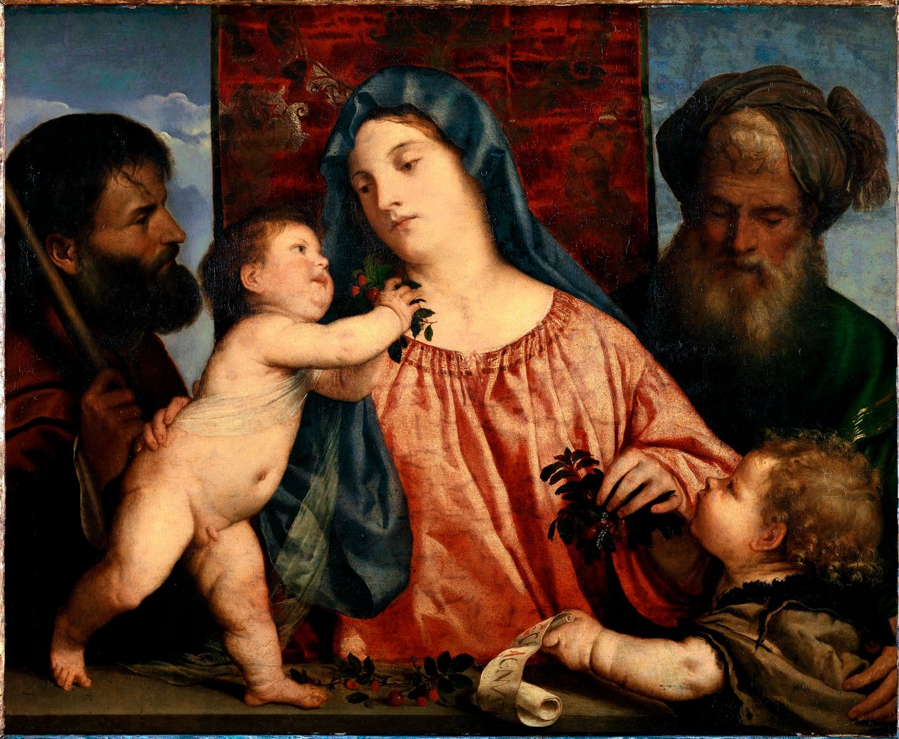 Körsbärsmadonnan De heliga Josef, Sakaria och Döparen Johannes omger Maria och barnet. Målning av Tiziano Vecellio kallad Tizianen (ca 1490-1576) 1515-1520 sön. 81x99,5 cm Wien, Kunsthistorisches Museum, Österrike av Tiziano Vecelli