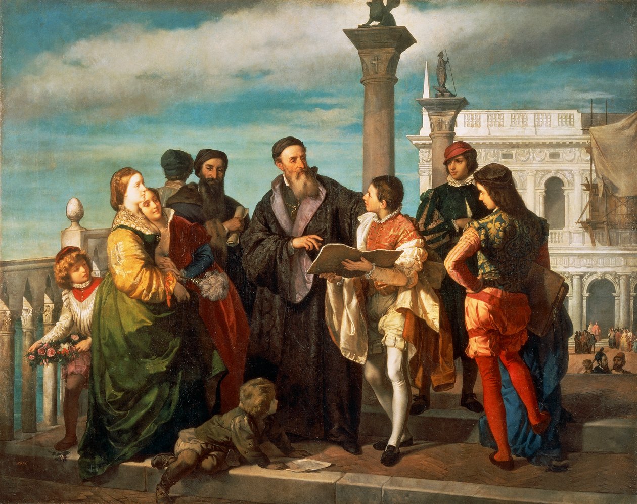 Mötet mellan Titian (1488-1576) och unga Veronese (1528-88) på Ponte della Paglia, av Antonio Zona (1814-1842), olja på duk av Titian (c.1488 1576)