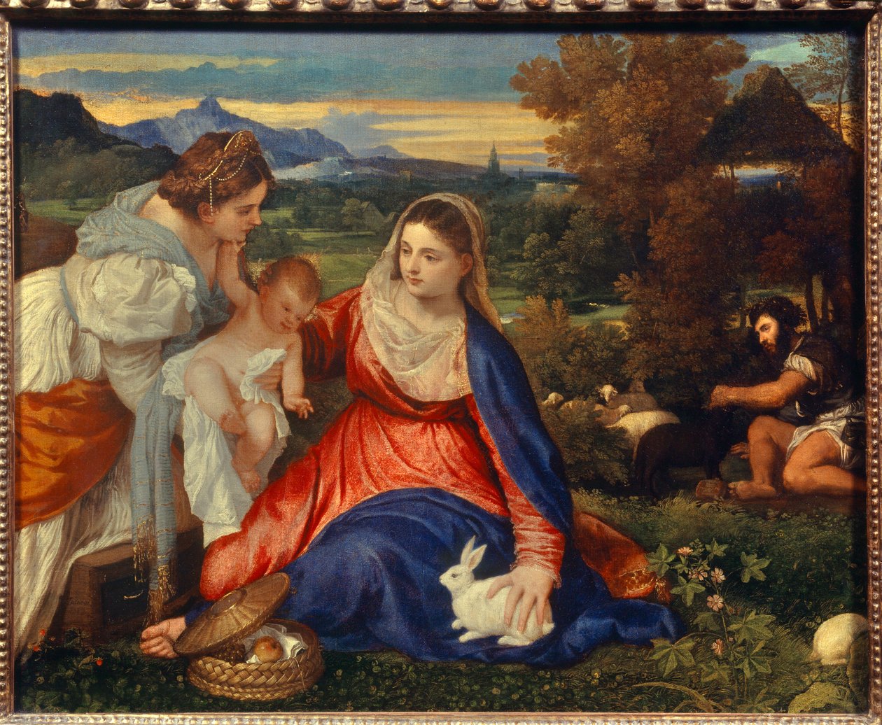 Jungfrun och barnet med den heliga Katarina eller Jungfrun med kaninen Målning av Tiziano Vecellio dit le Titian (1485-1576) 1500-talet sön. 0,71 x 0,87 m Paris, av Tiziano Vecelli