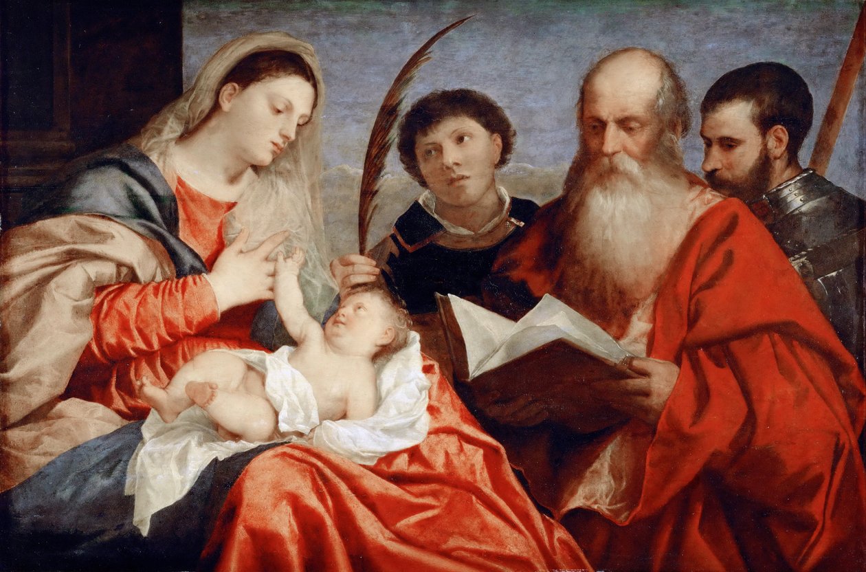 Jungfrun och barnet med de heliga Stefanus, Hieronymus och Maurice - Tizian (1488-1576). Olja på trä, c. 1520. Mått : 92,7x138 cm. Konsthistoriska museet, Vienne av Titian (c.1488 1576)