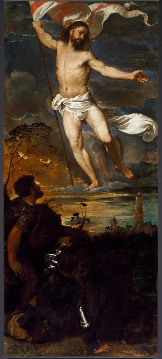Den centrala panelens uppståndelse av polyptiken Averoldi. Målning på trä av Tiziano Vecellio kallad Titian (ca 1490-1576) 1500-talets Brescia, kyrkan av heliga Nazzaro och Celso av Tiziano Vecelli