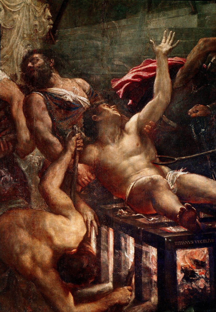 Saint Laurents martyrskap Supplice of Saint Laurent på grillen 258 i Rom. Detalj. Målning av Tiziano Vecellio kallad Tizianen (ca 1490-1576) 1548-1559 sön. 500x280 cm Venedig, jesviternas kyrka av Titian (c.1488 1576)