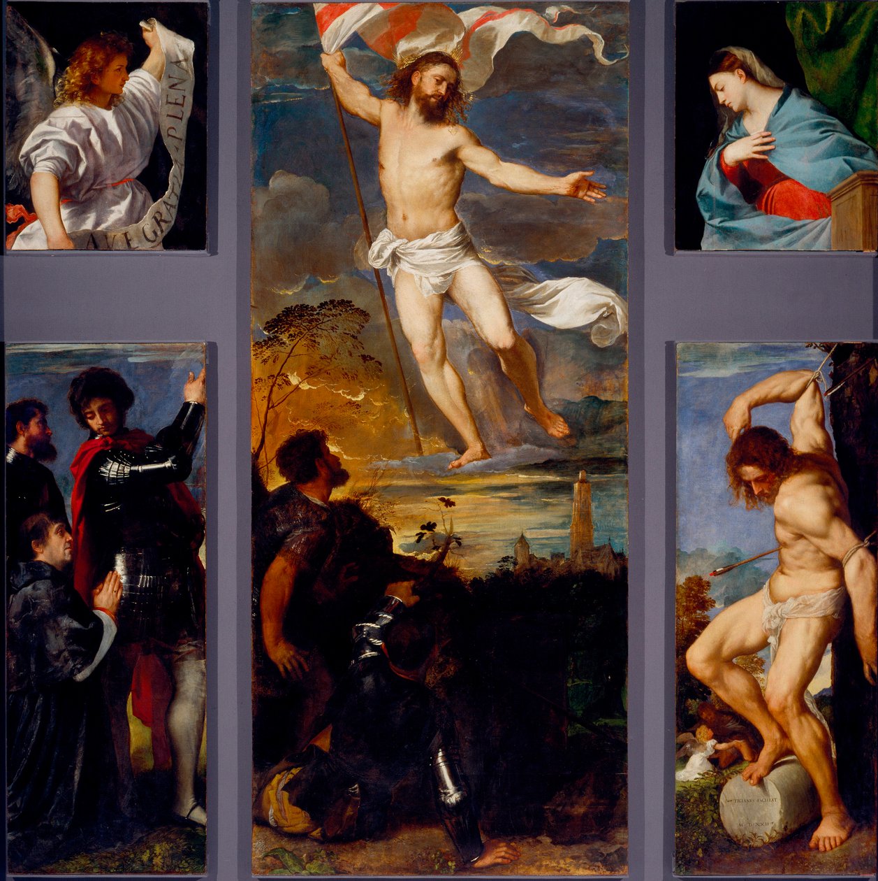 Uppståndelsen "" Jungfrun"" "" Saint Sebastian""" och sponsorerna. Paneler av Averoldi polyptyk. Målning på trä av Tiziano Vecellio kallad Titian (ca 1490-1576) 1500-talets Brescia, kyrkan av heliga Nazzaro och Celso av Titian (c.1488 1576)