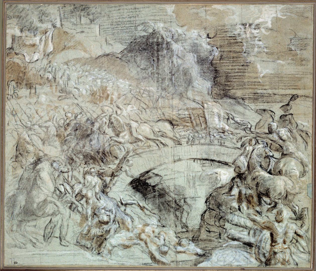 Wars of Italy: "" Slaget vid Cadore""" Slaget där staden Pieve di Cadore omkring 1508 allierade sig med venitianerna med Maximilian I:s trupper från Habsburg. Ritning med svart sten och tvätt av Tiziano vecellio (1485-1576) kallad Tizian. 16:e av Tiziano Vecelli