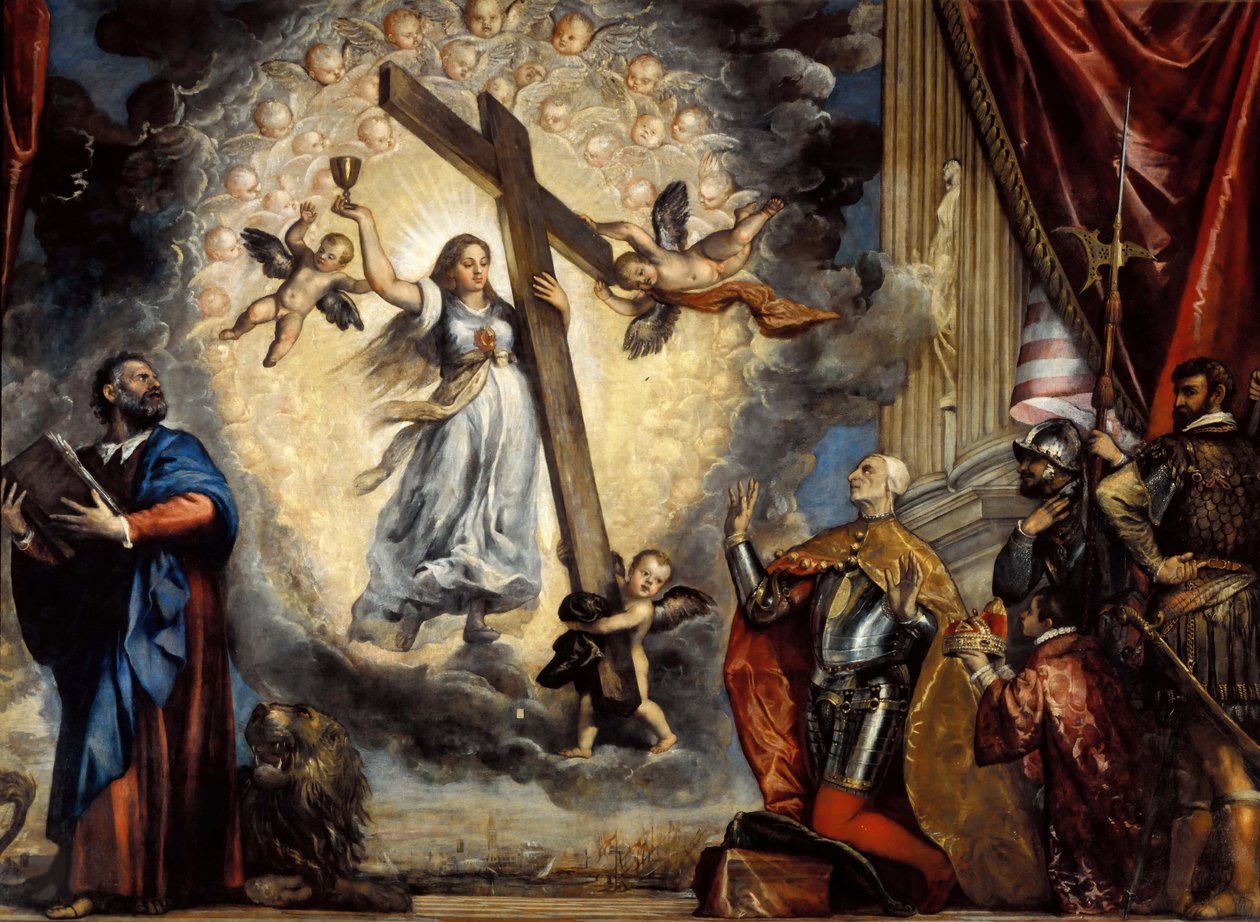 Doge Antonio Grimani knäböjer inför tron, mellan 1555 och 1576. av Titian