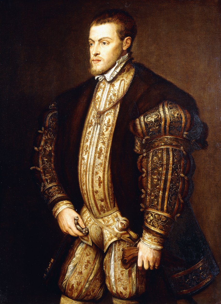 Porträtt av kung Filip II av Spanien, trekvartslängd, klädd i halvrustning och märket av Guldfleeceorden, av Tiziano Vecelli