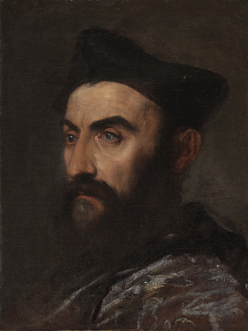 Porträtt av en präst, bystlång, i blå rock och svart hatt - ett fragment av Tiziano Vecelli