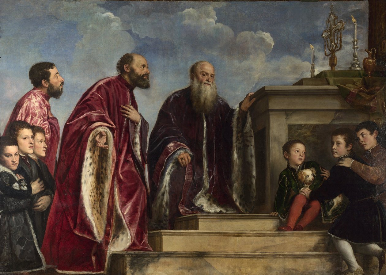 Familjen Vendramin, vördar en relik av det sanna korset av Tiziano Vecelli