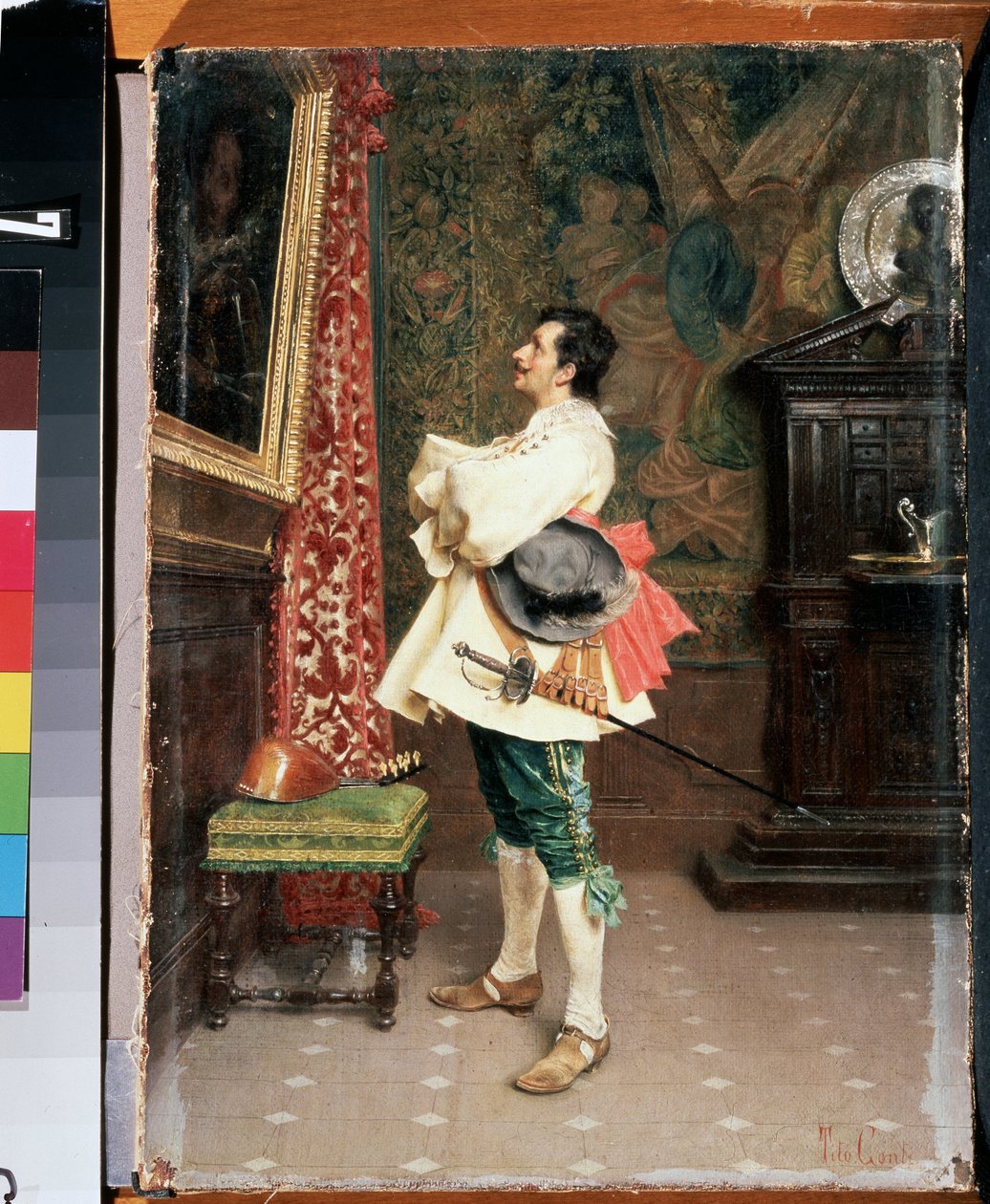 "Before a Portrait" (Before a Portrait) En man, klädd i uniformen av en 1600-talsmusketör, beundrar en målning (sitt eget porträtt) Målning av Tito Conti (1842-1924) Mikhail Kroshitsky Art Museum, Sevastopol (Sevastopol) Ukraina av Tito Conti